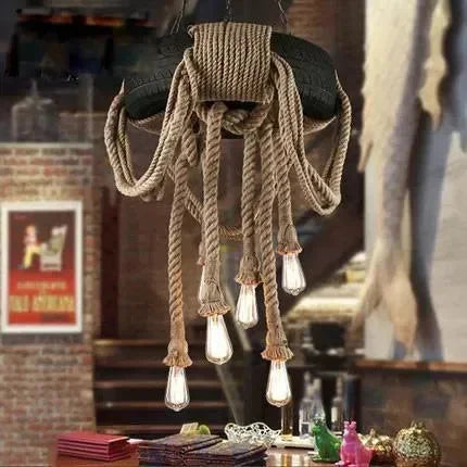 Vintage κρεμαστό φωτιστικό οροφής πεντάφωτο με σχοινί και 6 λάμπες - wox.gr