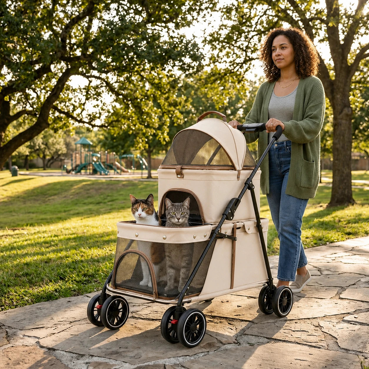 LeLo Pet UrbanCruise® Premium διώροφο καρότσι κατοικιδίων Cream Coffee με δύο γάτες σε βόλτα στο πάρκο, αποσπώμενο carrier και μεγάλους τροχούς στο wox.gr