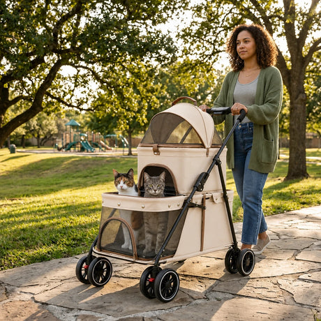 LeLo Pet UrbanCruise® Premium διώροφο καρότσι κατοικιδίων Cream Coffee με δύο γάτες σε βόλτα στο πάρκο, αποσπώμενο carrier και μεγάλους τροχούς στο wox.gr