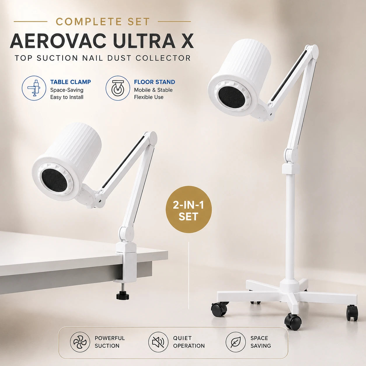 Bliss Cosmetics AeroVac Ultra X επαγγελματικός απορροφητήρας σκόνης νυχιών με επιτραπέζια βάση clamp και τροχήλατη επιδαπέδια βάση.