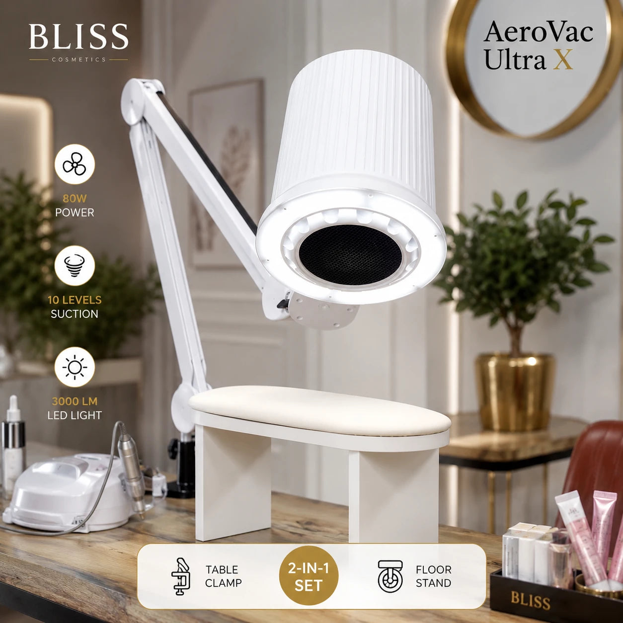 Bliss Cosmetics AeroVac Ultra X επαγγελματικός απορροφητήρας σκόνης νυχιών 80W με LED, 10 επίπεδα αναρρόφησης και 2 βάσεις