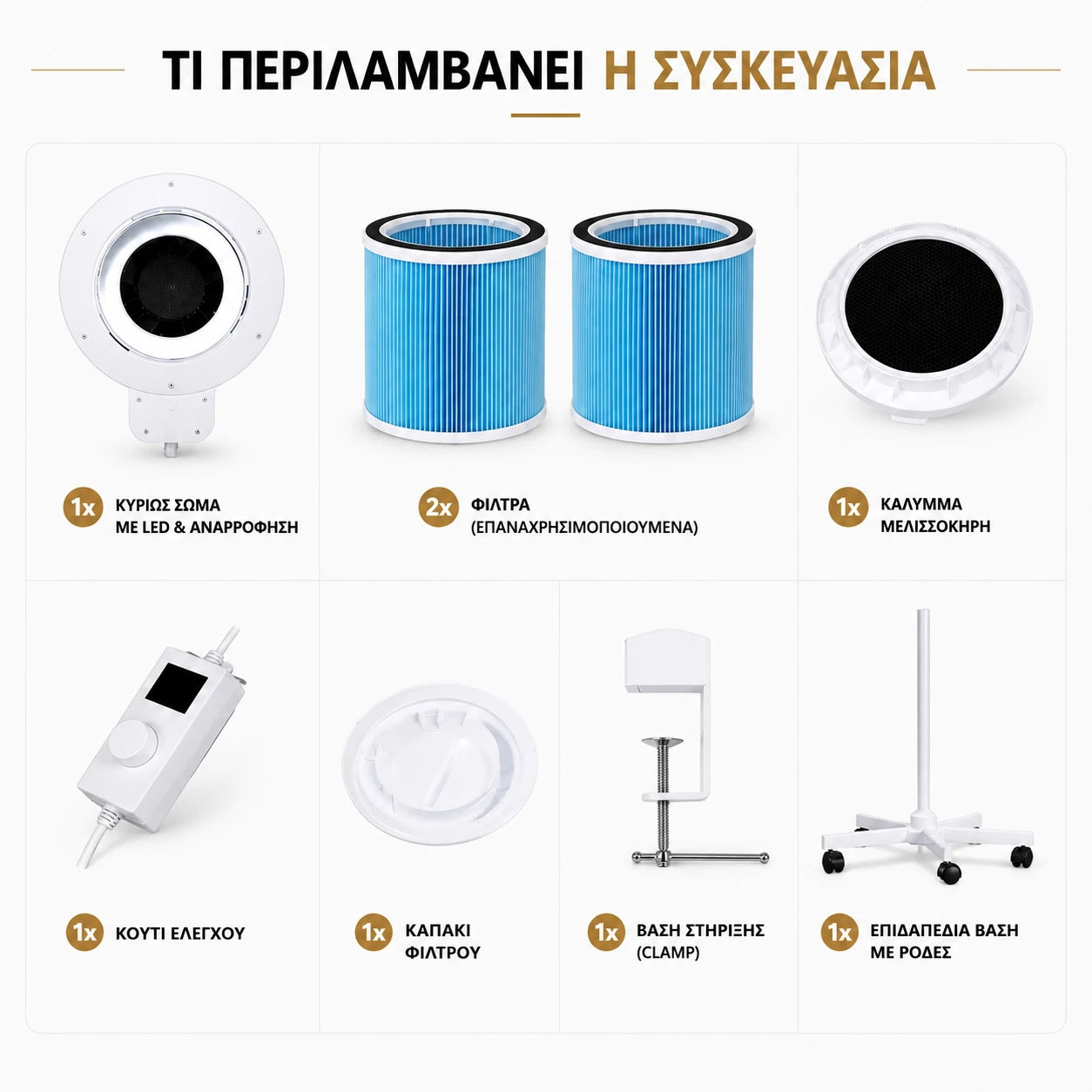 Bliss Cosmetics AeroVac Ultra X – περιεχόμενα συσκευασίας με 2 φίλτρα, επιτραπέζια βάση clamp και τροχήλατη επιδαπέδια βάση