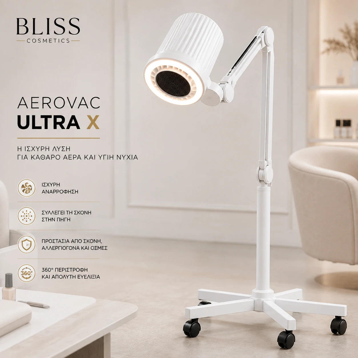 Bliss Cosmetics AeroVac Ultra X επαγγελματικός απορροφητήρας σκόνης νυχιών με LED και τροχήλατη επιδαπέδια βάση