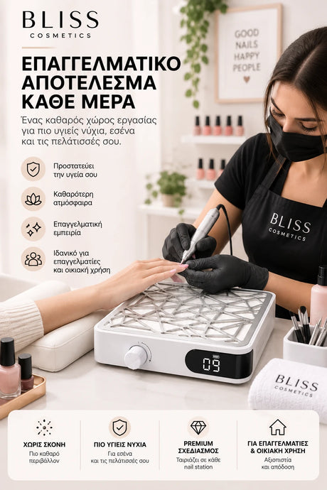 Bliss Cosmetics AirDust επαγγελματικός απορροφητήρας σκόνης νυχιών σε κάθετη lifestyle παρουσίαση με τεχνίτρια και πελάτισσα σε οργανωμένο nail salon