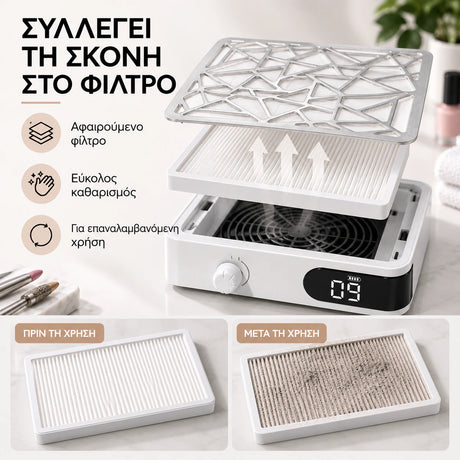Bliss Cosmetics AirDust απορροφητήρας σκόνης νυχιών με αφαιρούμενο φίλτρο συλλογής σκόνης, παρουσίαση φίλτρου πριν και μετά τη χρήση