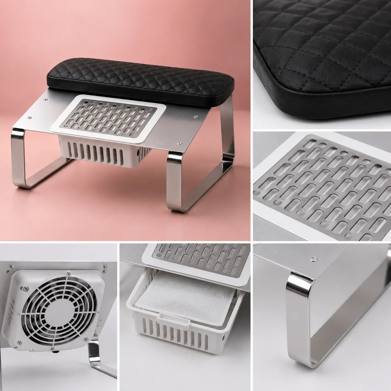 Bliss Cosmetics AirRest® λεπτομέρειες κατασκευής με μαύρο καπιτονέ μαξιλάρι, ασημί σχάρα, φίλτρο σκόνης και μεταλλική βάση