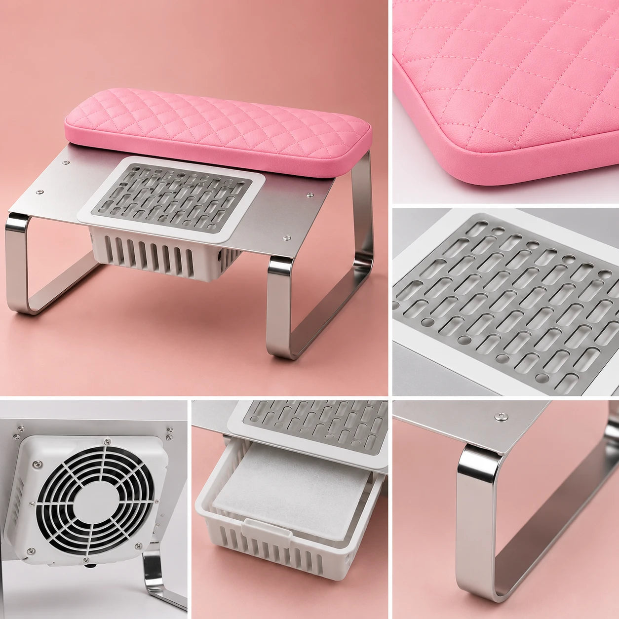 Bliss Cosmetics AirRest με ροζ μαξιλάρι στήριξης, μεταλλική βάση, σχάρα απορρόφησης, ανεμιστήρα και αφαιρούμενο φίλτρο σκόνης