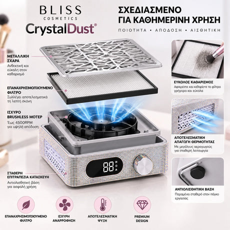 Bliss Cosmetics CrystalDust επαγγελματικός απορροφητήρας σκόνης νυχιών με επαναχρησιμοποιούμενο φίλτρο, brushless μοτέρ, απαγωγή θερμότητας και αντιολισθητική βάση