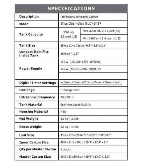 Bliss Cosmetics - Επαγγελματικός Καθαριστής υπερήχων 3lt Inox Professional Ultrasonic Cleaner με ψηφιακό χρονοδιακόπτη - BLC40487 - wox.gr