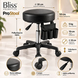 Bliss Cosmetics ProStool τροχήλατο σκαμπό αισθητικής με κάθισμα Ø35cm, πάχος 10cm, βάρος 5kg, ρυθμιζόμενο ύψος και βάση 5 τροχών.