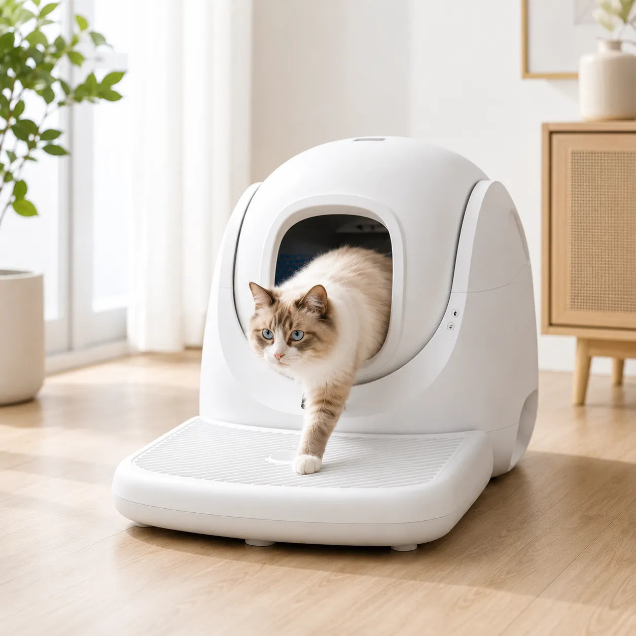Αυτόματη λεκάνη γάτας CATLINK Baymax Lite Gray σε σύγχρονο σαλόνι με γάτα να εξέρχεται από τη συσκευή, προσφέροντας αυτόματο καθαρισμό, υγιεινή και άνεση στην καθημερινότητα