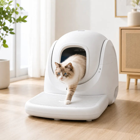 Αυτόματη λεκάνη γάτας CATLINK Baymax Lite Gray σε σύγχρονο σαλόνι με γάτα να εξέρχεται από τη συσκευή, προσφέροντας αυτόματο καθαρισμό, υγιεινή και άνεση στην καθημερινότητα