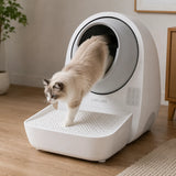 CATLINK Pro-X Luxury σκαλοπάτι πρόσβασης σε καθημερινή χρήση με γάτα που βγαίνει από αυτόματη τουαλέτα γάτας CATLINK, βοηθώντας στη συγκράτηση της άμμου και στη διατήρηση καθαρότερου χώρου στο wox.gr