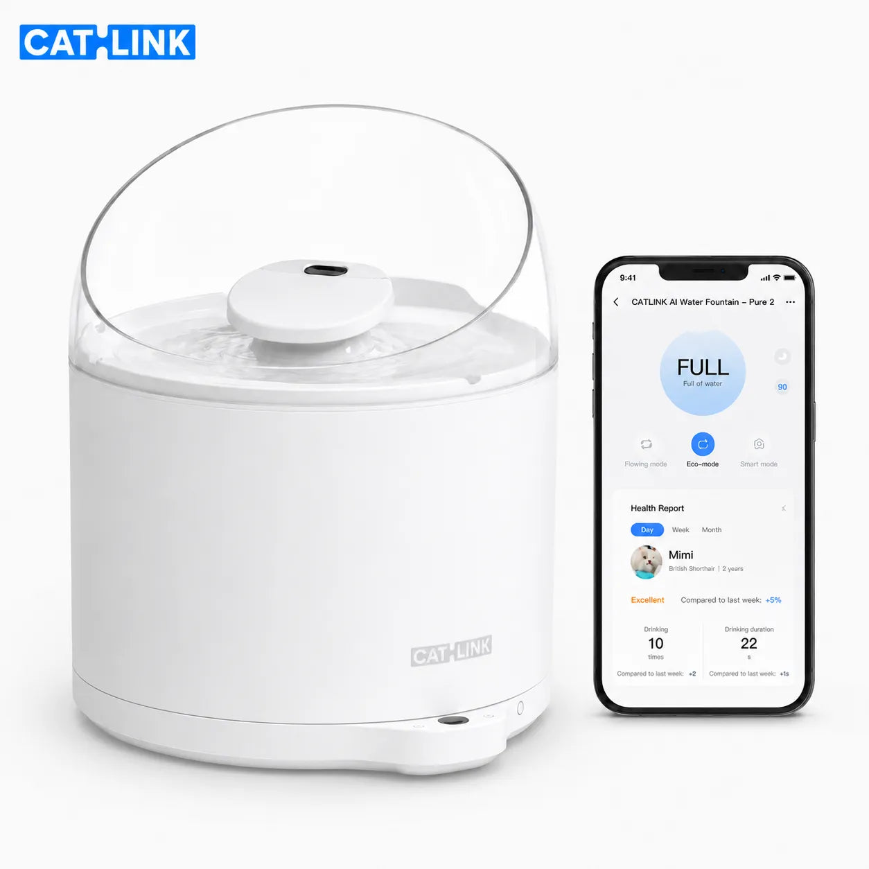 CATLINK Pure 2 AI Smart Water Fountain αυτόματη βρύση νερού γάτας με έλεγχο μέσω εφαρμογής και προβολή λειτουργιών στο κινητό, σε λευκό φόντο, διαθέσιμη στο wox.gr