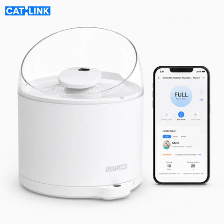 CATLINK Pure 2 AI Smart Water Fountain αυτόματη βρύση νερού γάτας με έλεγχο μέσω εφαρμογής και προβολή λειτουργιών στο κινητό, σε λευκό φόντο, διαθέσιμη στο wox.gr