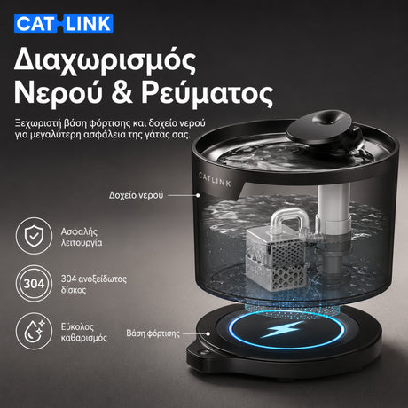 CATLINK Pure 2 Lite μαύρη έξυπνη βρύση νερού γάτας με ξεχωριστό δοχείο νερού και βάση φόρτισης, ασφαλή διαχωρισμό νερού και ρεύματος, 304 ανοξείδωτο δίσκο και εύκολο καθαρισμό, διαθέσιμη επίσημα στο wox.gr