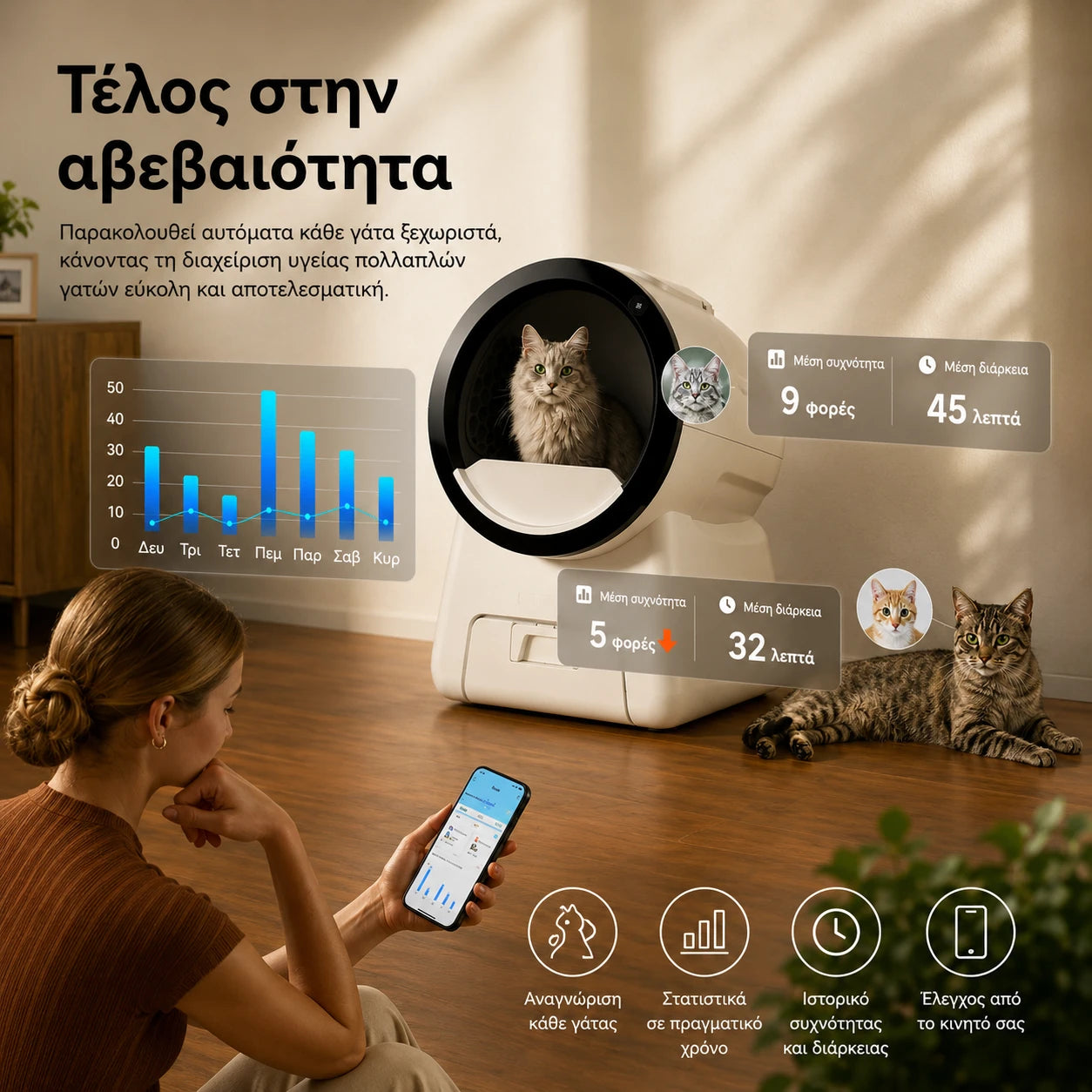 CATLINK Scoop Robot Pro με AI παρακολούθηση υγείας, αναγνώριση πολλαπλών γατών και στατιστικά χρήσης μέσω εφαρμογής στο wox.gr