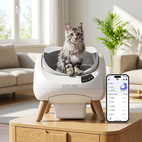 CATLINK έξυπνη αυτόματη λεκάνη γάτας σε πολυτελές περιβάλλον με εφαρμογή κινητού και Maine Coon γάτα