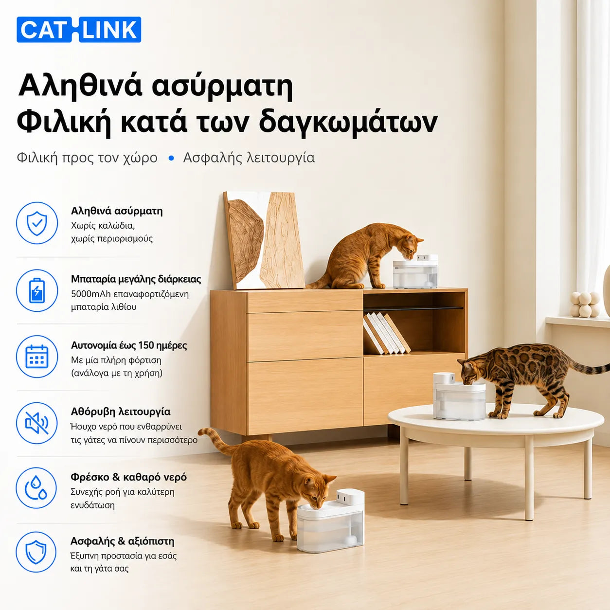 CATLINK W03 Smart Cat Water Fountain Wireless – Ασύρματη Αυτόματη Βρύση Νερού Γάτας με App Control & Μπαταρία έως 150 Ημέρες