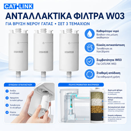 CATLINK φίλτρα νερού για τη W03 βρύση γάτας σετ 3 τεμαχίων, με εύκολη εγκατάσταση, πολυστρωματική φίλτρανση, καθαρότερο νερό, σταθερή απόδοση και συμβατότητα με CATLINK W03, διαθέσιμα επίσημα στο wox.gr