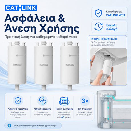 CATLINK φίλτρα νερού για τη W03 βρύση γάτας σετ 3 τεμαχίων, με ασφαλή καθημερινή χρήση, εύκολη εγκατάσταση, τακτική αντικατάσταση κάθε 60 ημέρες και συμβατότητα με CATLINK W03, διαθέσιμα επίσημα στο wox.gr
