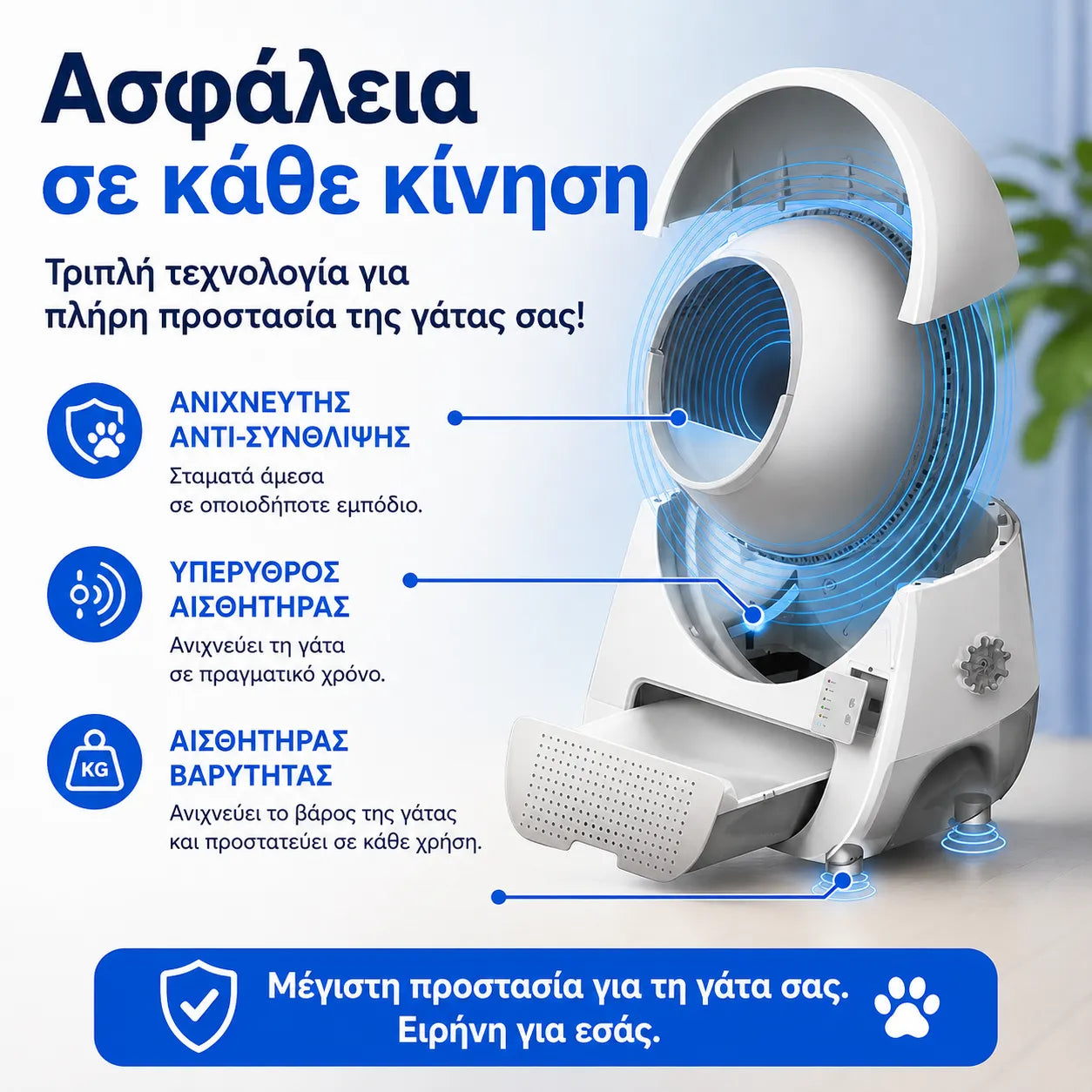 CATLINK Young τετράγωνη εικόνα με αισθητήρα anti-pinch, υπέρυθρο αισθητήρα και αισθητήρα βαρύτητας για προστασία γάτας
