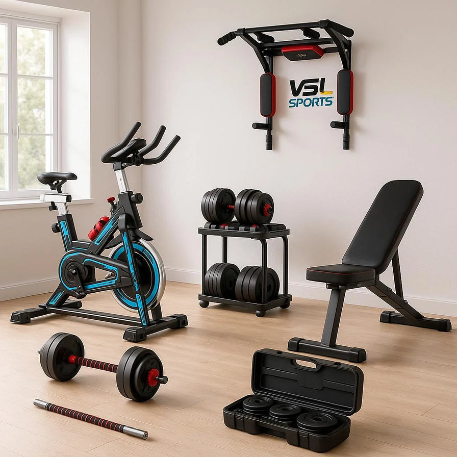 Home Gym Essentials VSL Sports – ποδήλατο γυμναστικής, πάγκος, αλτήρες και μονόζυγο για άσκηση στο σπίτι