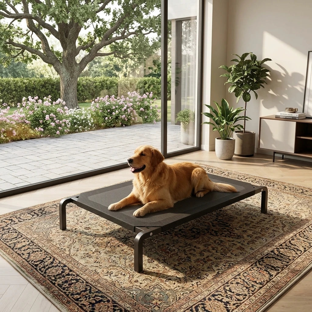 Golden Retriever ξεκουράζεται στο LeLo Pet AirLounge®, υπερυψωμένο κρεβάτι σκύλου με αναπνεύσιμο ύφασμα mesh και ανθεκτικό μεταλλικό σκελετό, σε μοντέρνο σαλόνι με θέα στον κήπο.