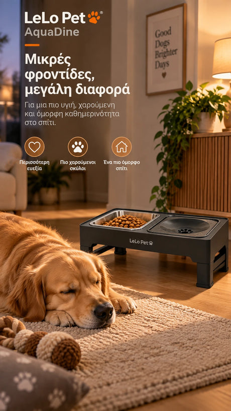 LeLo Pet AquaDine δίπλα σε σκύλο που ξεκουράζεται σε ζεστό οικιακό περιβάλλον, για άνετη σίτιση και καλύτερη καθημερινότητα κατοικιδίου