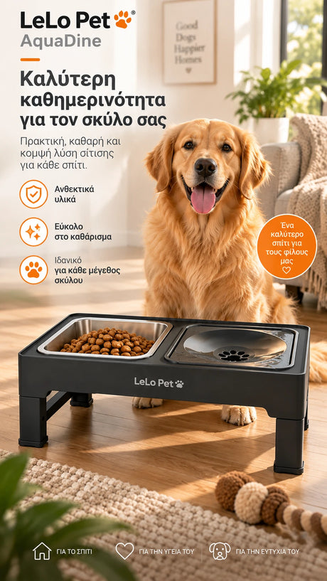 LeLo Pet AquaDine ρυθμιζόμενος σταθμός φαγητού και νερού σκύλου σε premium lifestyle περιβάλλον για καθαρή και άνετη καθημερινή σίτιση