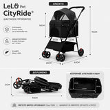 LeLo Pet CityRide® Black αναδιπλούμενο καρότσι κατοικιδίων έως 15kg με αναλυτικές διαστάσεις ανοιχτό και διπλωμένο, εσωτερικό χώρο 52 × 31 × 50cm και ελαφρύ σχεδιασμό.