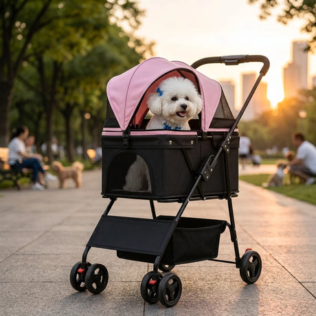 Καρότσι κατοικιδίων LeLo Pet CityRide με ροζ κουκούλα και ένα λευκό φουντωτό σκυλάκι μέσα, σε πάρκο κατά το ηλιοβασίλεμα.