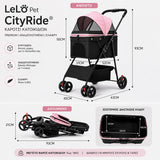 LeLo Pet CityRide® Premium αναδιπλούμενο καρότσι κατοικιδίων σε ροζ χρώμα με διαστάσεις ανοιχτό και διπλωμένο, για γάτες και μικρούς σκύλους έως 15kg.