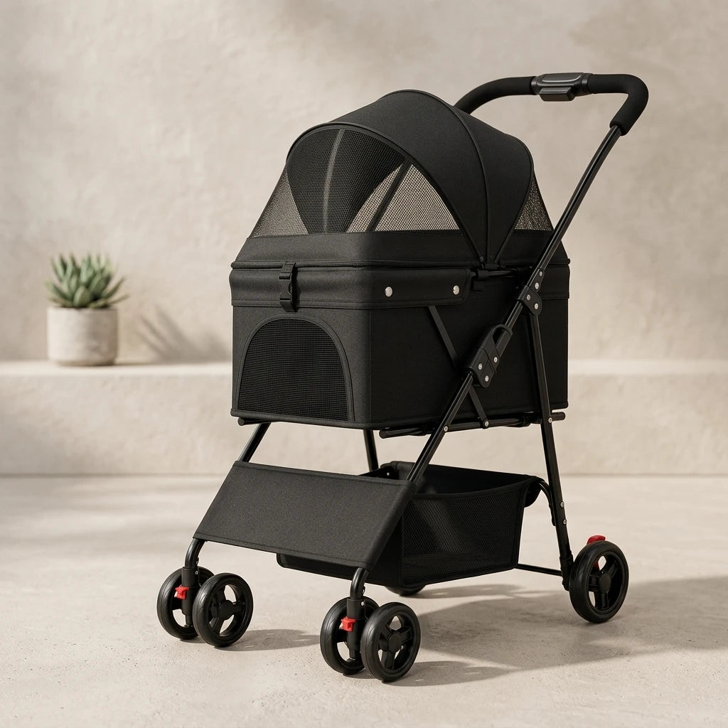 Μαύρο καρότσι κατοικιδίων LeLo Pet CityRide σε ουδέτερο φόντο, με κλειστό παράθυρο διχτυού και καλάθι αποθήκευσης.