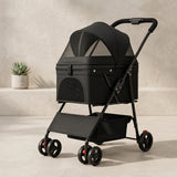 Μαύρο καρότσι κατοικιδίων LeLo Pet CityRide σε ουδέτερο φόντο, με κλειστό παράθυρο διχτυού και καλάθι αποθήκευσης.