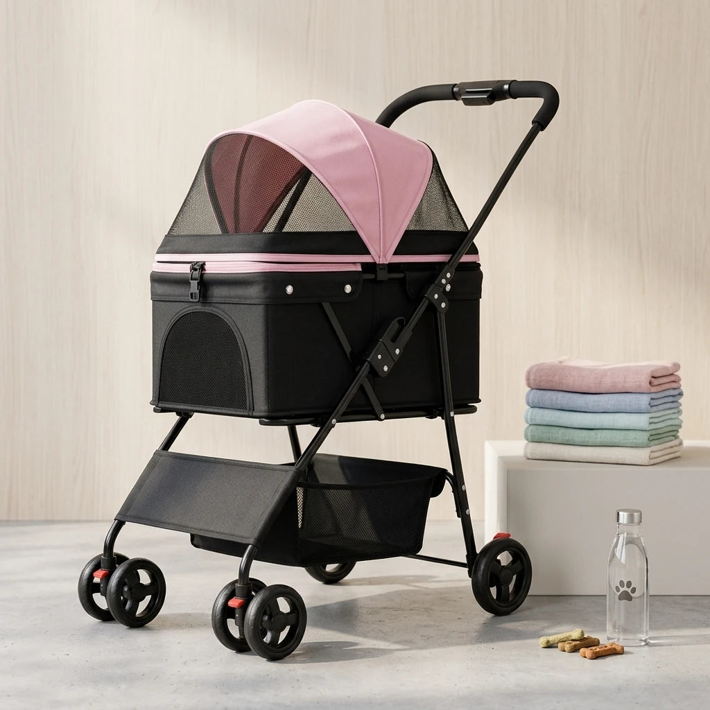 Καρότσι κατοικιδίων LeLo Pet CityRide με ροζ κουκούλα σε studio φόντο, δίπλα σε πετσέτες, παγούρι και λιχουδιές.