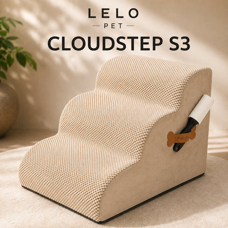 LeLo Pet CloudStep S3 μπεζ premium σκαλοπάτια σκύλου και γάτας 3 επιπέδων με επιμήκη σχεδίαση
