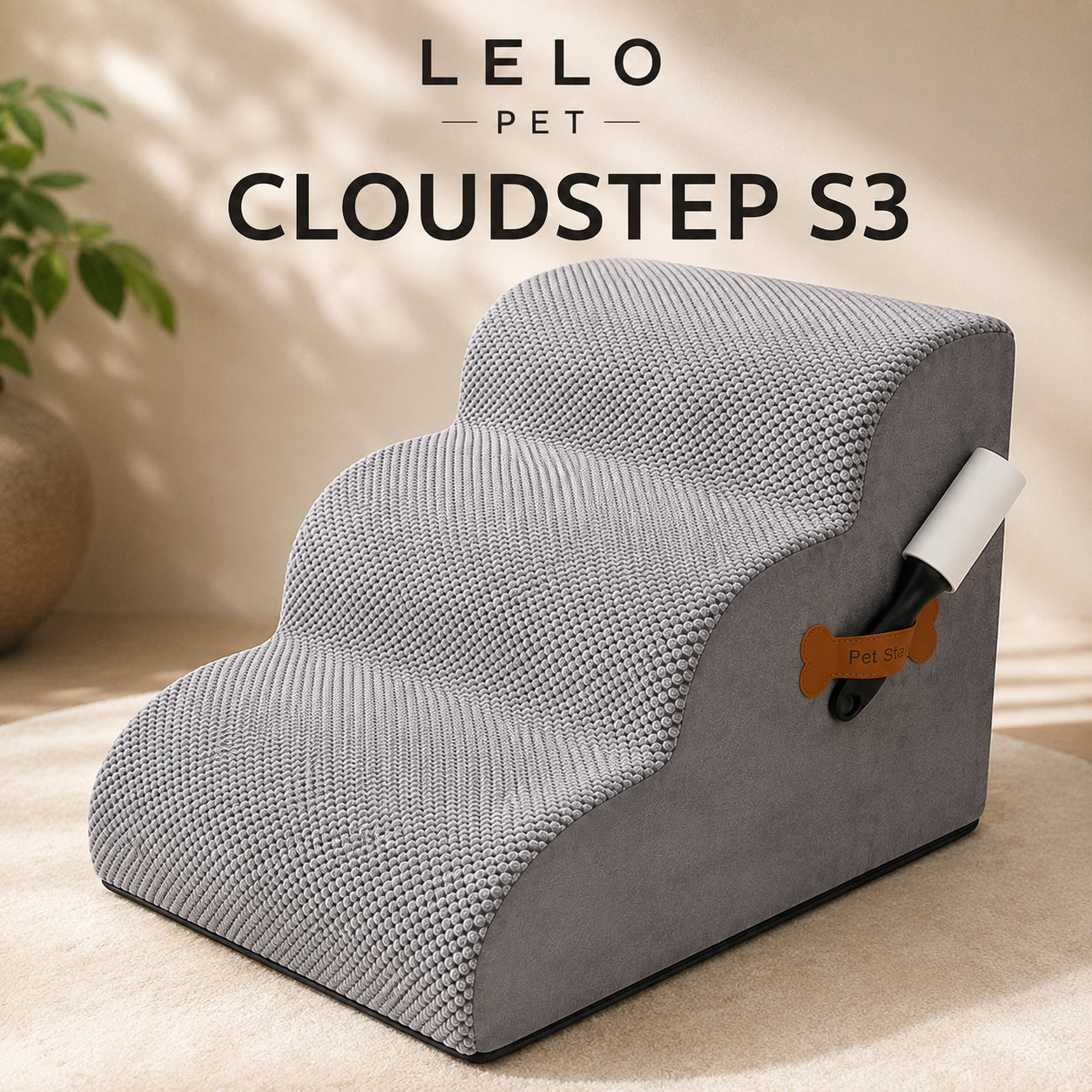 LeLo Pet CloudStep S3 γκρι premium σκαλοπάτια σκύλου και γάτας 3 επιπέδων με επιμήκη σχεδίαση