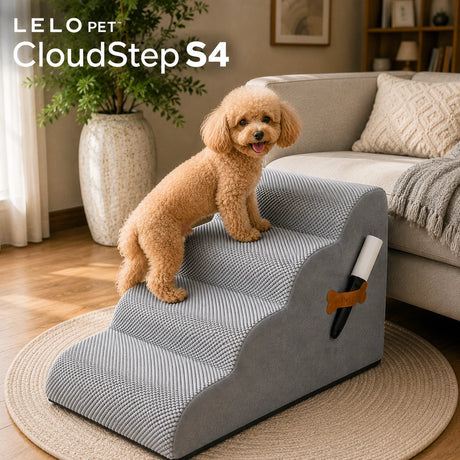 LeLo Pet CloudStep S4 γκρι σκαλοπάτια σκύλου 4 επιπέδων με μικρόσωμο σκύλο σε χρήση δίπλα σε καναπέ