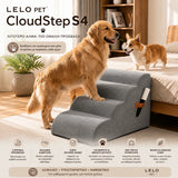 LeLo Pet CloudStep S4 γκρι σκαλοπάτια σκύλου 4 επιπέδων με Golden Retriever και Corgi σε χρήση δίπλα σε κρεβάτι