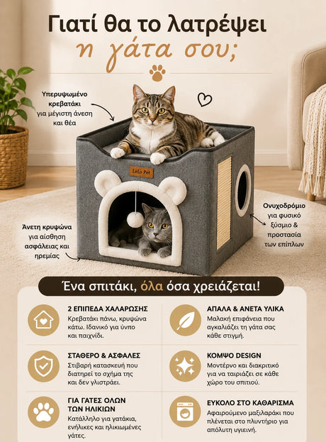 LeLo Pet CozyCube® Bear Face γκρι διώροφο σπιτάκι γάτας με είσοδο σε σχέδιο αρκουδάκι, άνω κρεβατάκι, ονυχοδρόμιο, πίσω κυκλική έξοδο και κρεμαστό παιχνίδι, με παρουσίαση των βασικών πλεονεκτημάτων του.