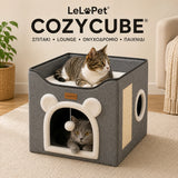 LeLo Pet CozyCube® Bear Face γκρι διώροφο σπιτάκι γάτας με άνω κρεβατάκι, μπροστινή είσοδο σε σχέδιο αρκουδάκι, πίσω κυκλική έξοδο, ονυχοδρόμιο και κρεμαστό παιχνίδι.
