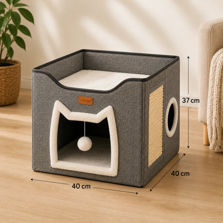 LeLo Pet CozyCube® Cat Face γκρι διώροφο σπιτάκι γάτας με είσοδο σε σχήμα γάτας, πίσω κυκλική έξοδο, άνω κρεβατάκι, ονυχοδρόμιο και κρεμαστό παιχνίδι, με διαστάσεις 40 × 40 × 37 cm.