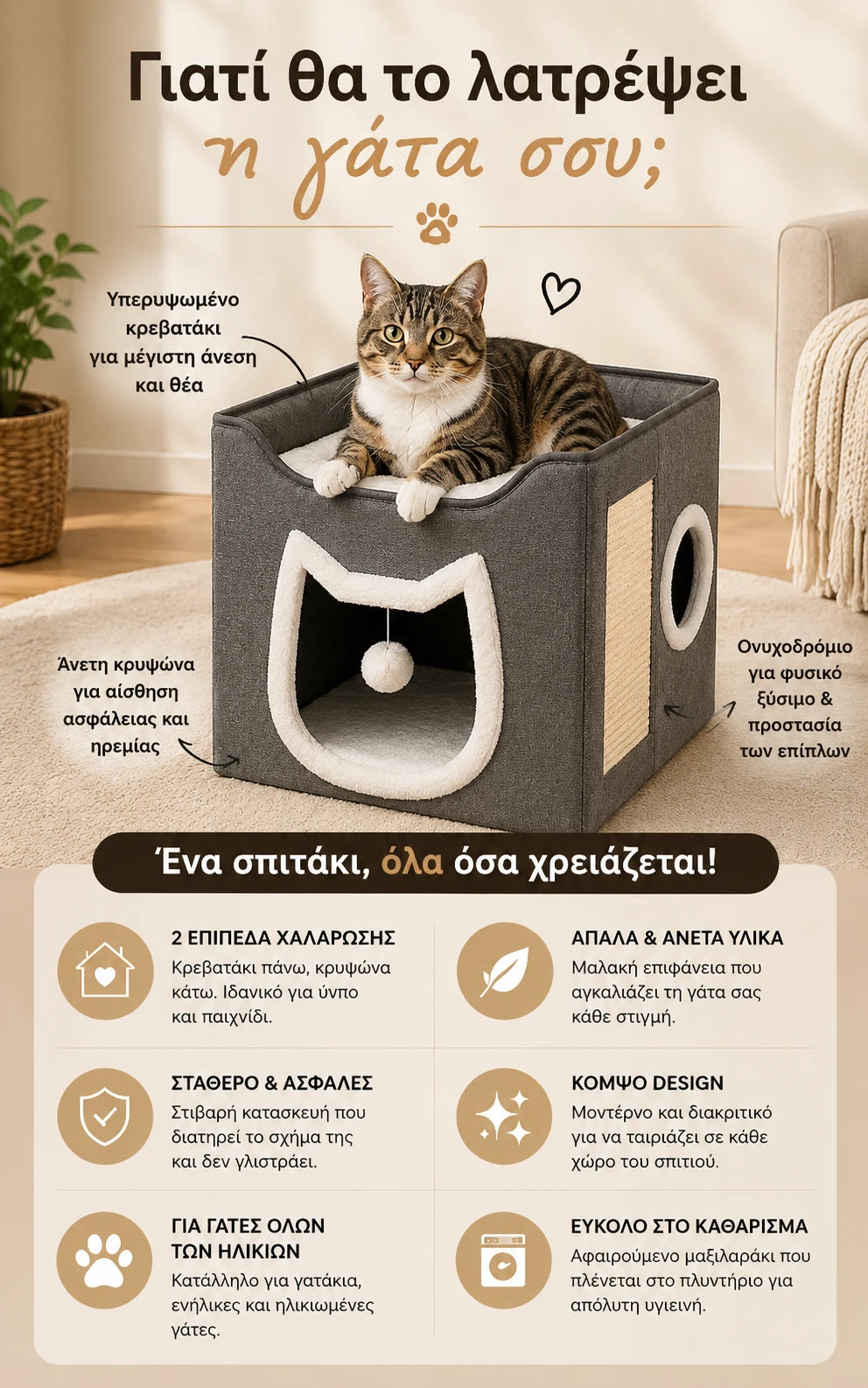 LeLo Pet CozyCube® Cat Face γκρι διώροφο σπιτάκι γάτας με είσοδο σε σχήμα γάτας, άνω κρεβατάκι, ονυχοδρόμιο, πίσω κυκλική έξοδο και κρεμαστό παιχνίδι, με παρουσίαση των βασικών πλεονεκτημάτων σε κάθετη premium φωτογραφία.