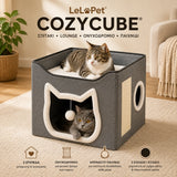 LeLo Pet CozyCube® Cat Face γκρι διώροφο σπιτάκι γάτας με μπροστινή είσοδο σε σχήμα γάτας, πίσω κυκλική έξοδο, άνω κρεβατάκι, ονυχοδρόμιο και κρεμαστό παιχνίδι.