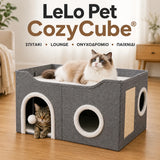LeLo Pet CozyCube® γκρι σπιτάκι γάτας με άνω lounge, πλαϊνό ονυχοδρόμιο, πολλαπλές εισόδους και κρεμαστό μπαλάκι παιχνιδιού.