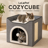 LeLo Pet CozyCube® Classic Arch γκρι διώροφο σπιτάκι γάτας με άνω κρεβατάκι, πλαϊνό ονυχοδρόμιο και κρεμαστό παιχνίδι.