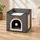 Διαστάσεις του LeLo Pet CozyCube® Classic Arch 40 × 40 × 38 cm με απεικόνιση μήκους, βάθους και ύψους για εύκολη επιλογή χώρου.
