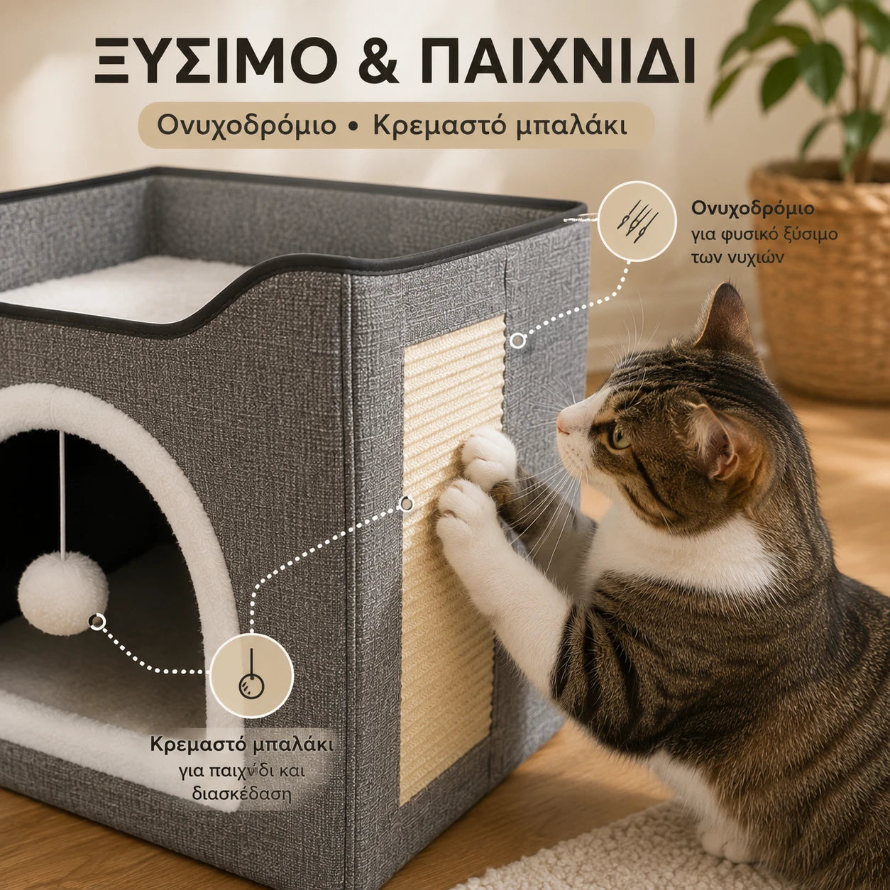 LeLo Pet CozyCube® Classic Arch με πλαϊνό ονυχοδρόμιο και κρεμαστό μπαλάκι παιχνιδιού για φυσικό ξύσιμο και καθημερινή απασχόληση της γάτας.