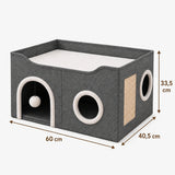 Διαστάσεις LeLo Pet CozyCube®: μήκος 60cm, βάθος 40,5cm και ύψος 33,5cm, με άνω lounge, ονυχοδρόμιο, πολλαπλές εισόδους και κρεμαστό μπαλάκι.